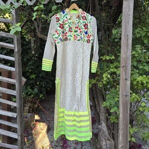 Embroidered Long Sleeve Maxi Dress in Neon Trim